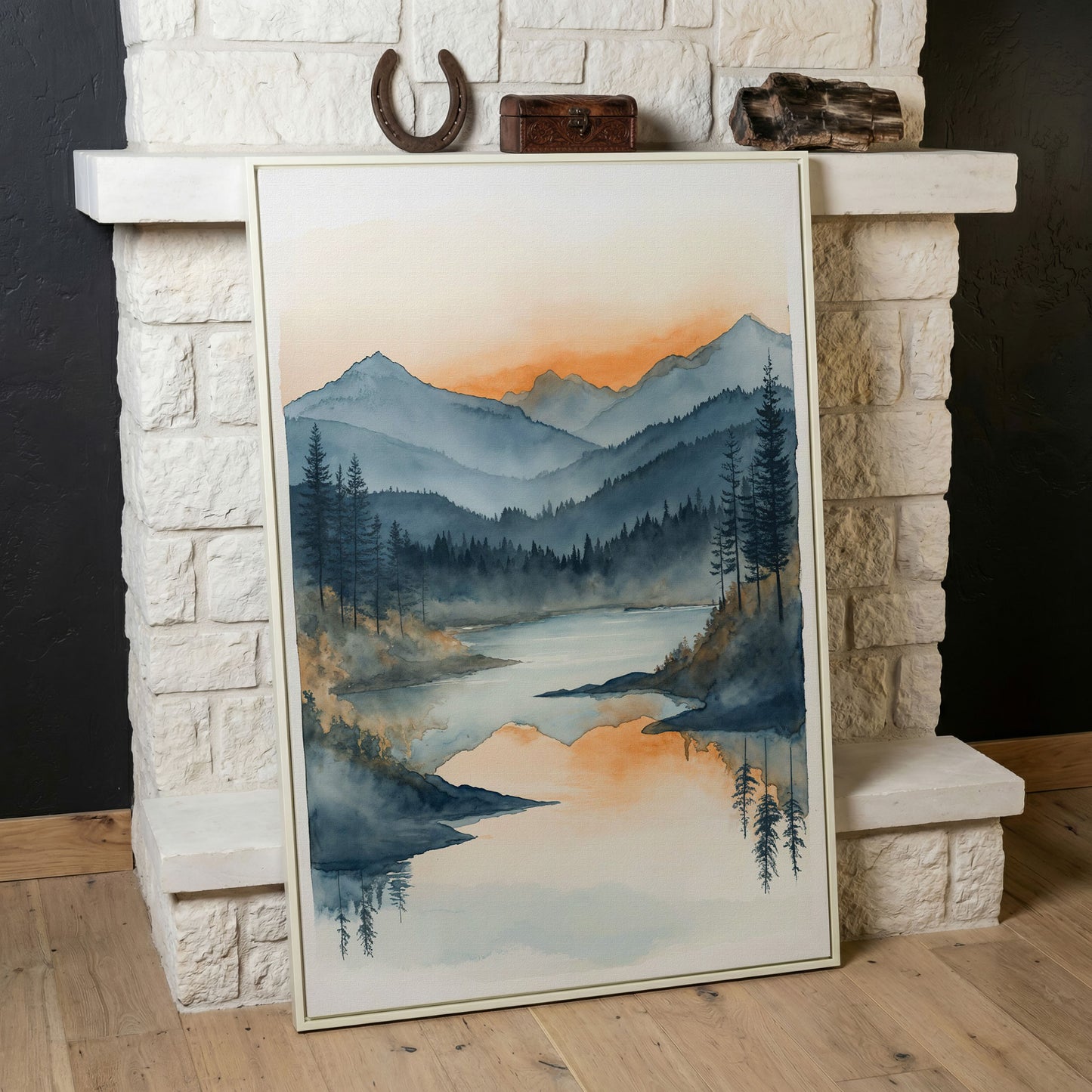 Misty Mountain Lake Canvas Wall Art in white floating frame