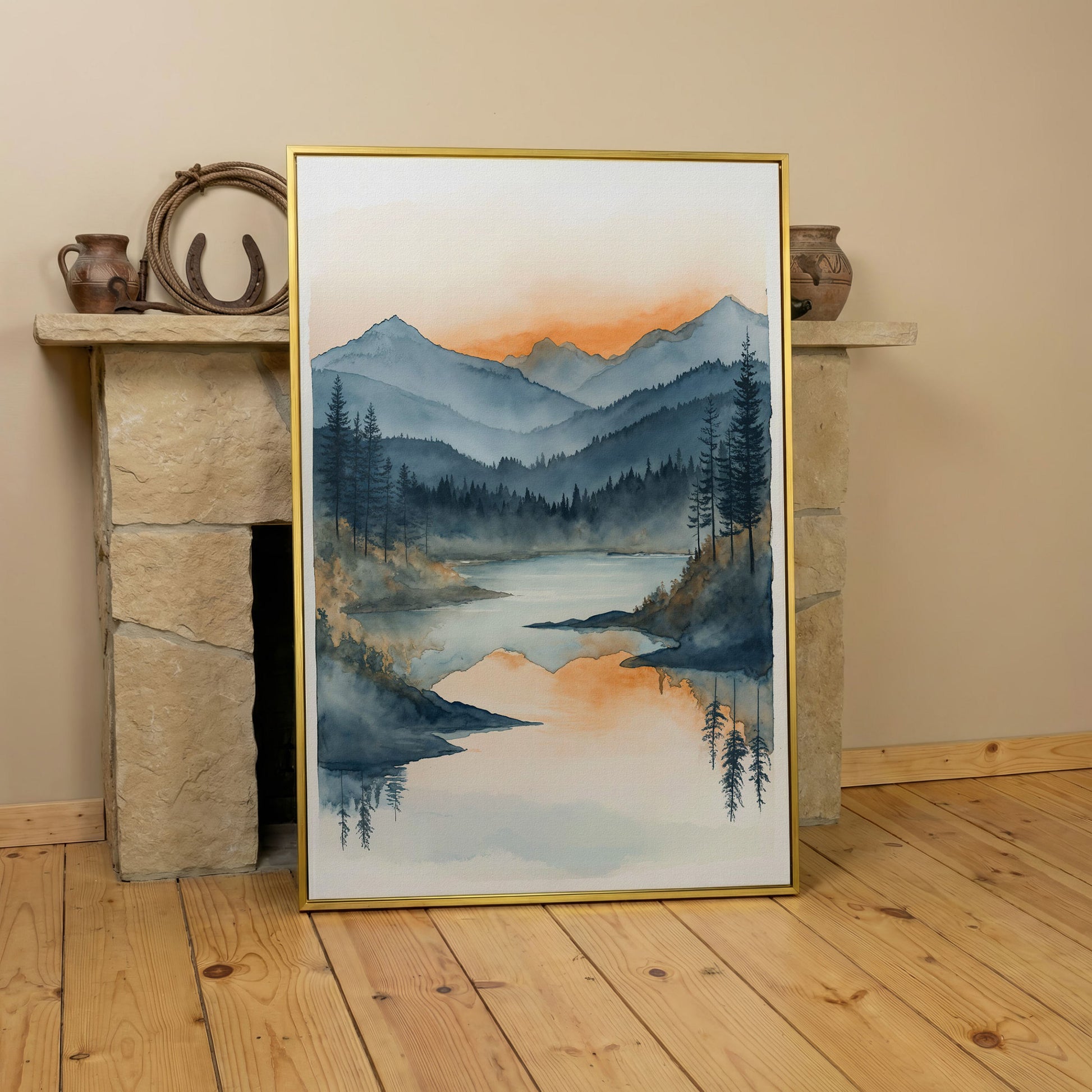 Misty Mountain Lake Canvas Wall Art in yellow gold floating frame