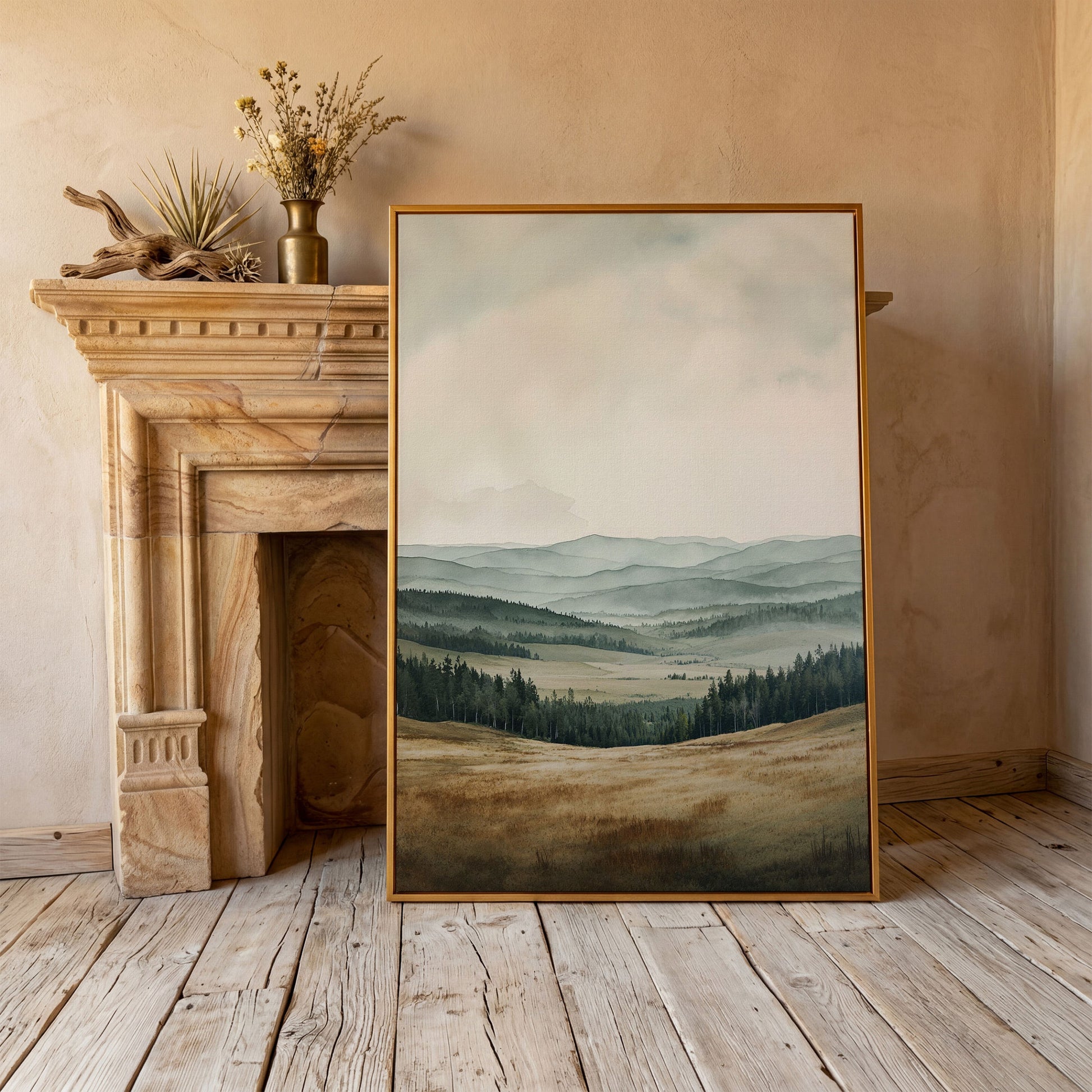 Serene Mountain View Country Landscape Canvas in antique gold floating frame