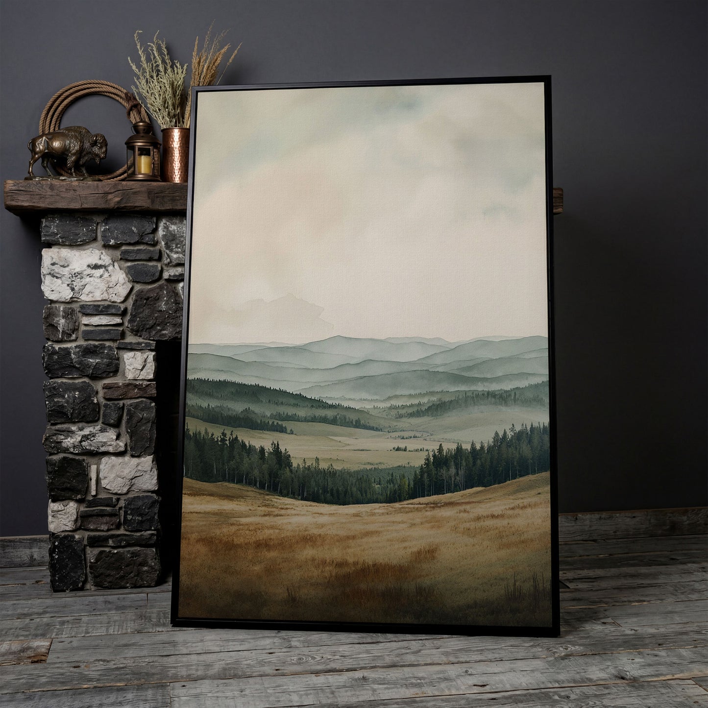 Serene Mountain View Country Landscape Canvas in black floating frame