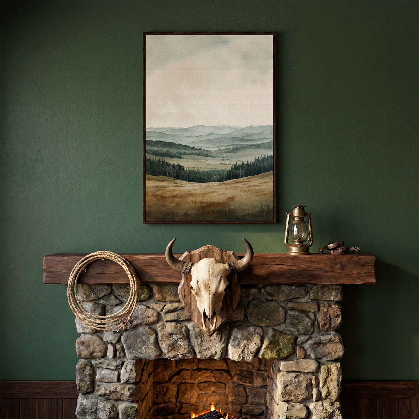 Serene Mountain View Country Landscape Canvas in dark walnut floating frame