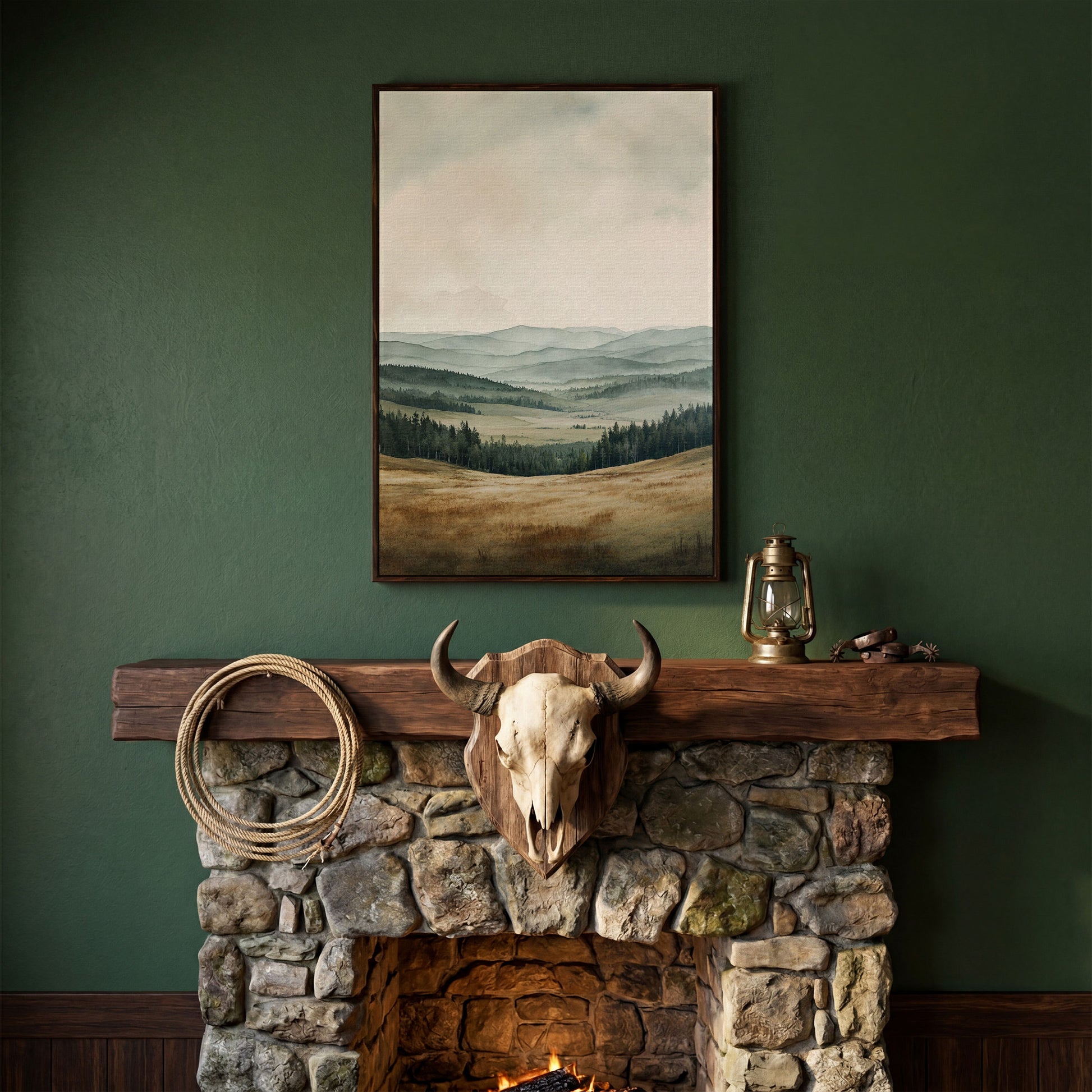 Serene Mountain View Country Landscape Canvas in dark walnut floating frame