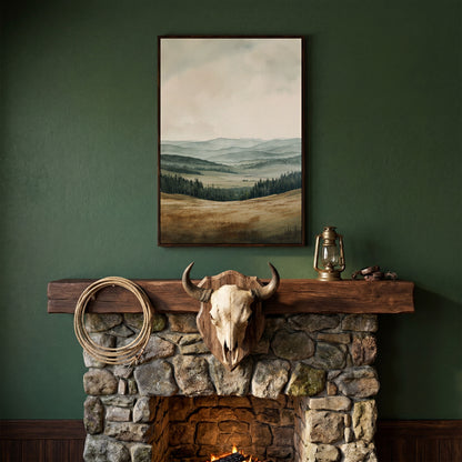 Serene Mountain View Country Landscape Canvas in dark walnut floating frame