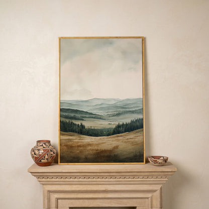 Serene Mountain View Country Landscape Canvas in white oak floating frame