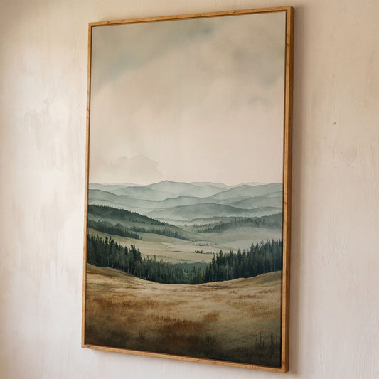 Serene Mountain View Country Landscape Canvas shown in white oak floating frame