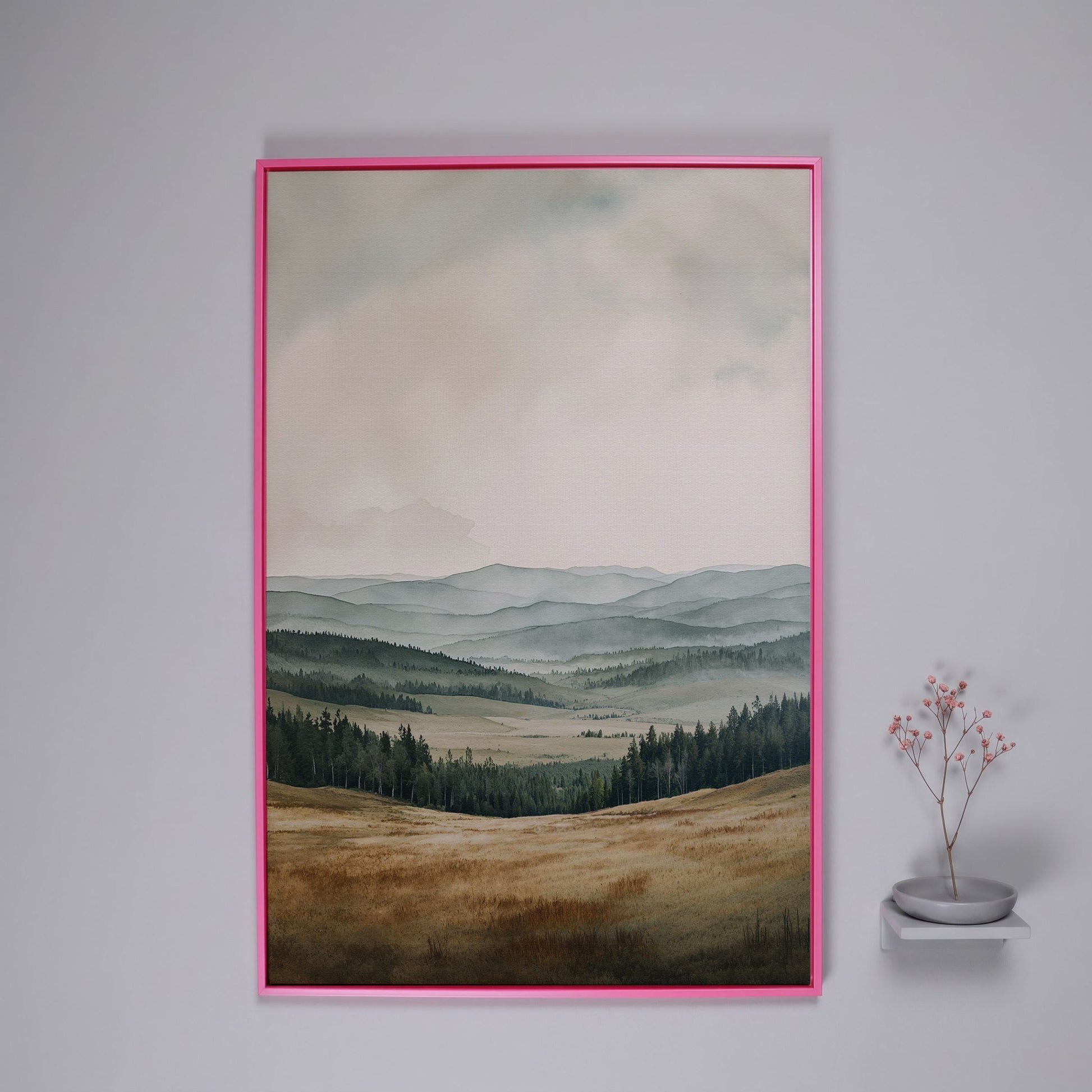 Serene Mountain View Country Landscape Canvas in pink floating frame