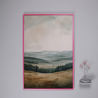Serene Mountain View Country Landscape Canvas in pink floating frame