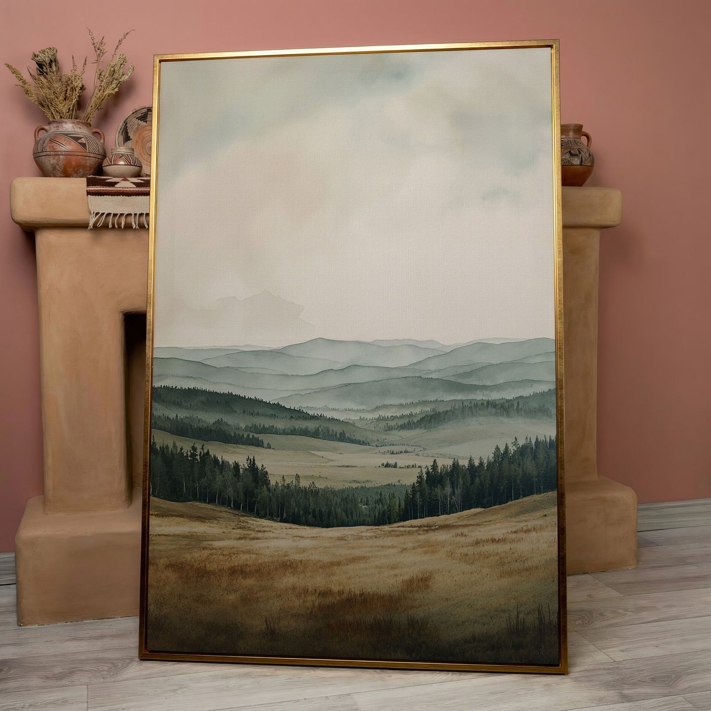 Serene Mountain View Country Landscape Canvas in rose gold floating frame
