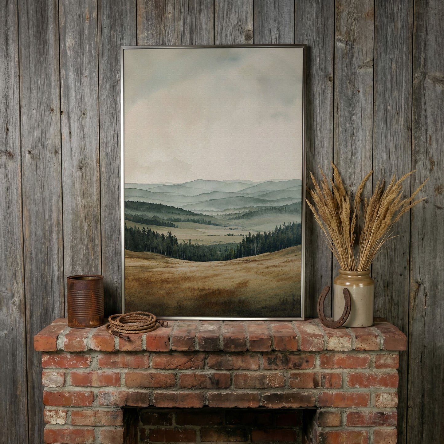 Serene Mountain View Country Landscape Canvas in silver floating frame