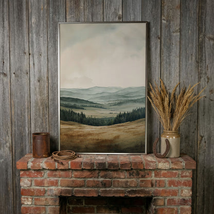 Serene Mountain View Country Landscape Canvas in silver floating frame
