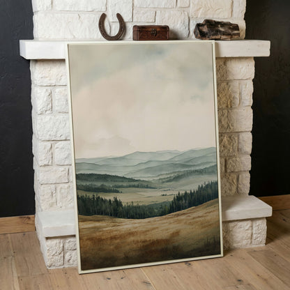 Serene Mountain View Country Landscape Canvas in white floating frame