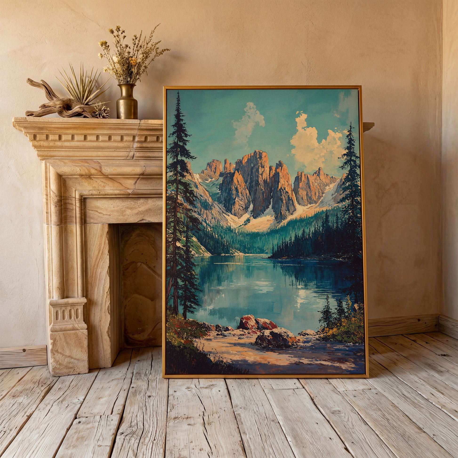 Serene Mountain Landscape Canvas with Teal Lake in antique gold floating frame