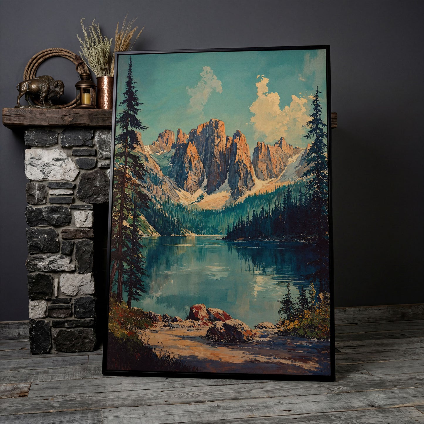 Serene Mountain Landscape Canvas with Teal Lake in black floating frame