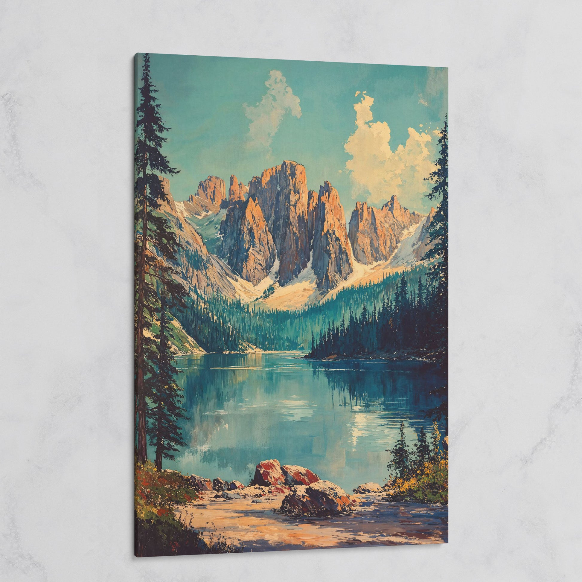 Serene Mountain Landscape Canvas with Teal Lake on gallery wrap