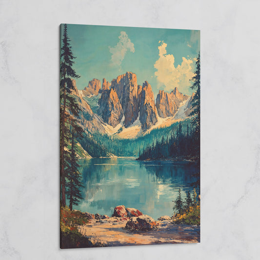 Serene Mountain Landscape Canvas with Teal Lake on gallery wrap