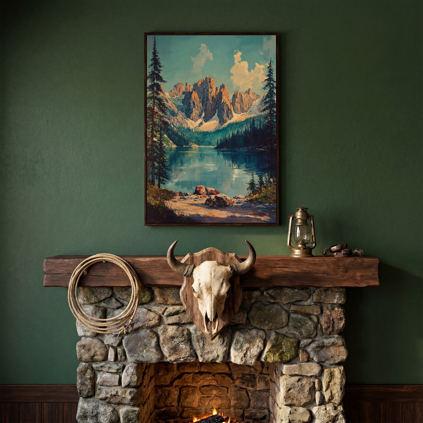 Serene Mountain Landscape Canvas with Teal Lake in dark walnut floating frame