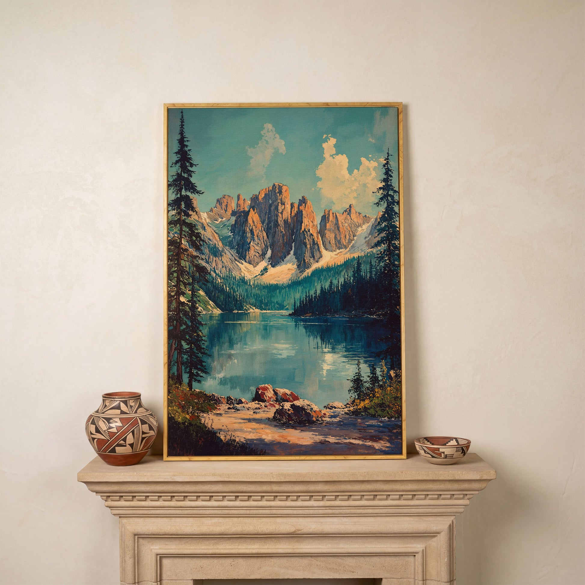 Serene Mountain Landscape Canvas with Teal Lake in white oak floating frame