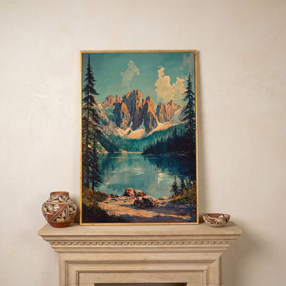 Serene Mountain Landscape Canvas with Teal Lake in white oak floating frame
