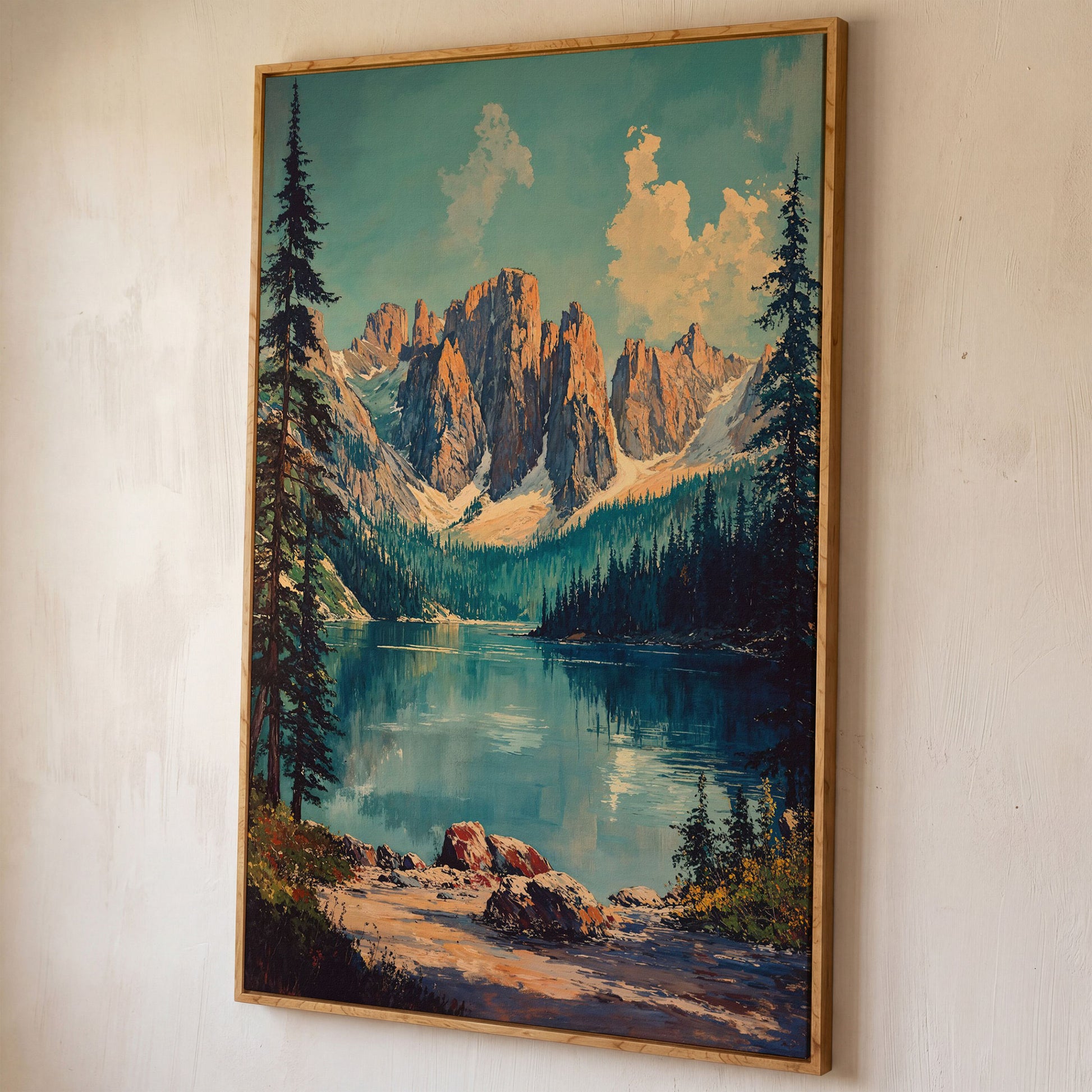 Serene Mountain Landscape Canvas with Teal Lake shown in white oak floating frame