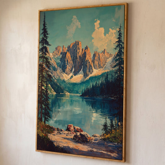 Serene Mountain Landscape Canvas with Teal Lake shown in white oak floating frame