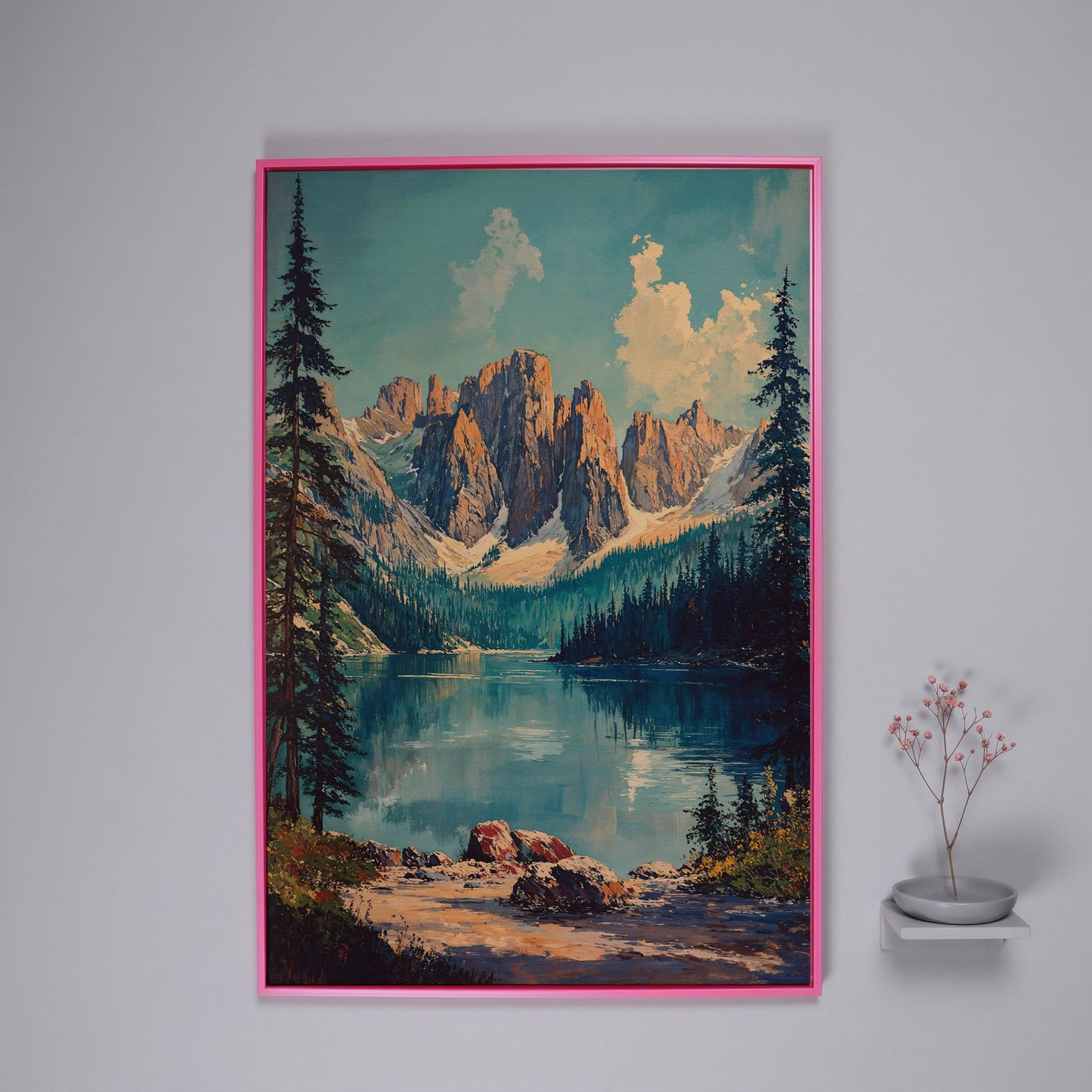 Serene Mountain Landscape Canvas with Teal Lake in pink floating frame