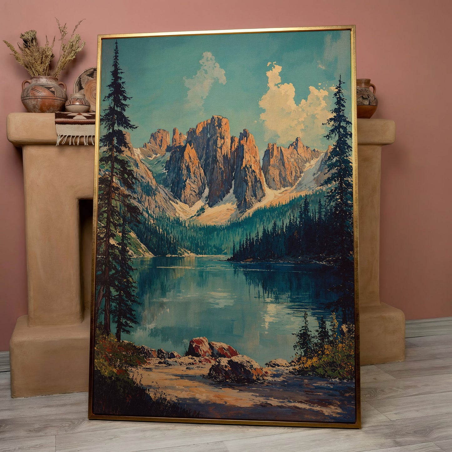 Serene Mountain Landscape Canvas with Teal Lake in rose gold floating frame