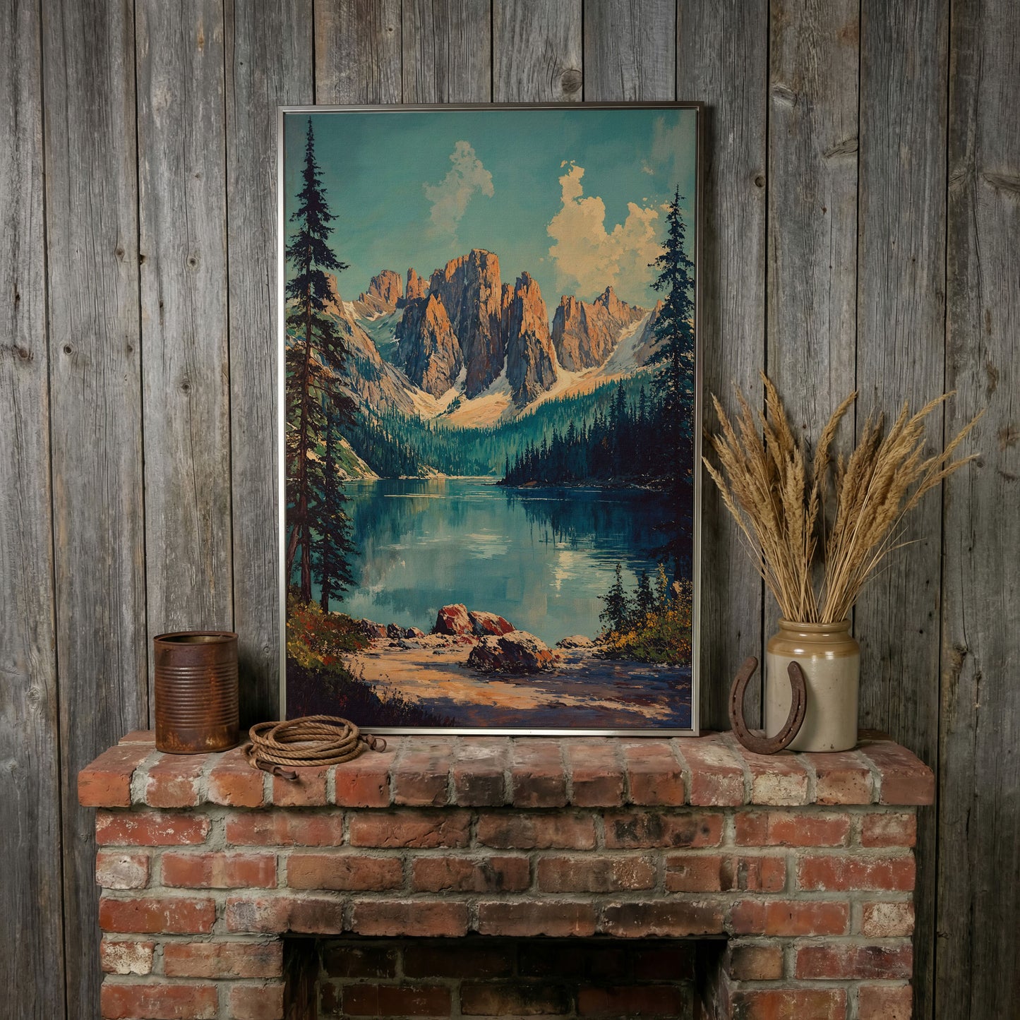 Serene Mountain Landscape Canvas with Teal Lake in silver floating frame
