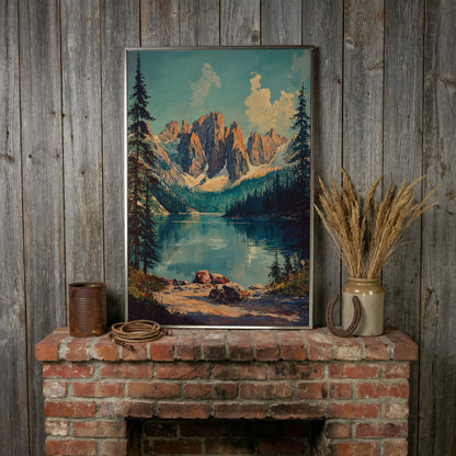 Serene Mountain Landscape Canvas with Teal Lake in silver floating frame