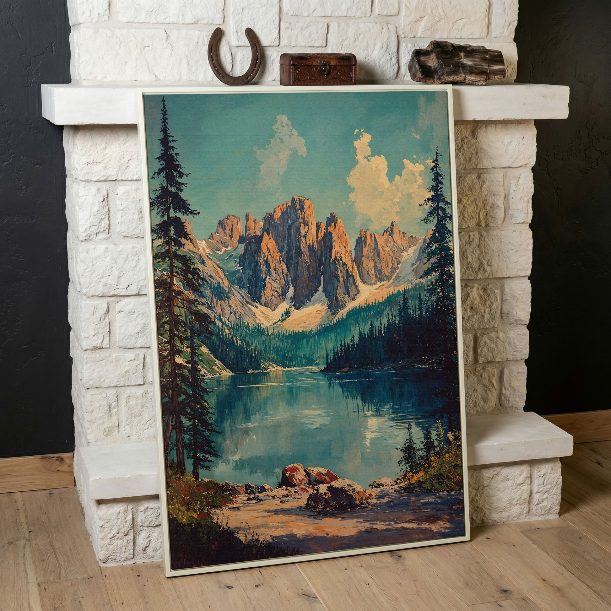 Serene Mountain Landscape Canvas with Teal Lake in white floating frame