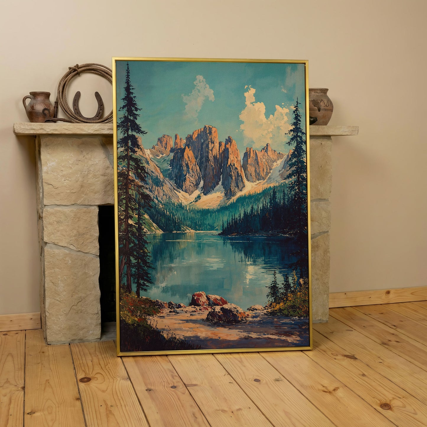 Serene Mountain Landscape Canvas with Teal Lake in yellow gold floating frame