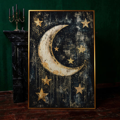 Golden Moon and Stars Canvas in antique gold floating frame