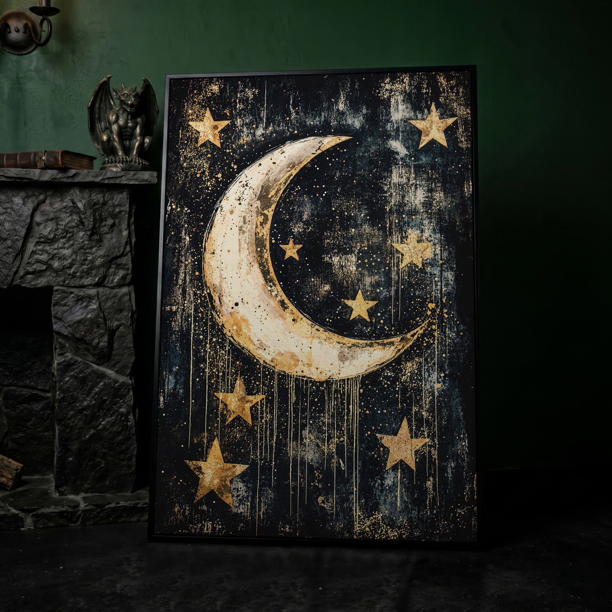 Golden Moon and Stars Canvas in black floating frame