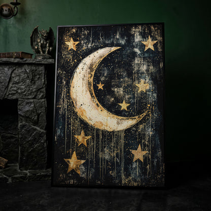 Golden Moon and Stars Canvas in black floating frame