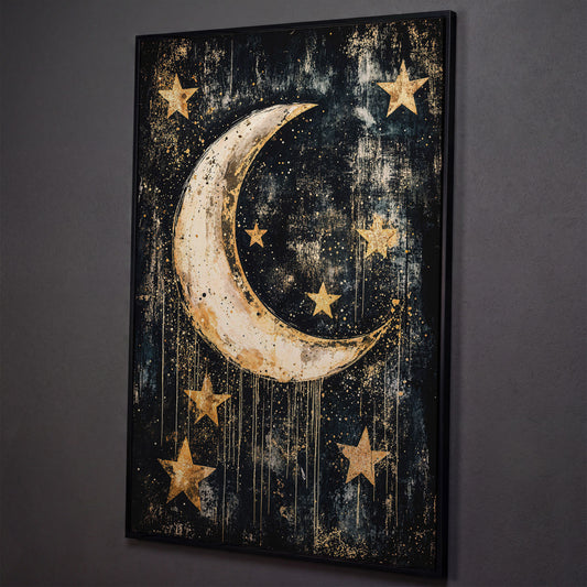 Golden Moon and Stars Canvas shown in black floating frame