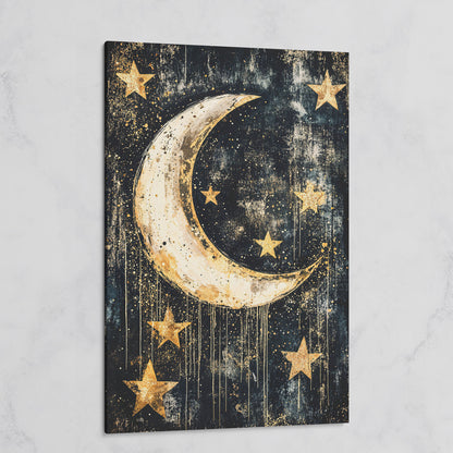 Golden Moon and Stars Canvas on gallery wrap