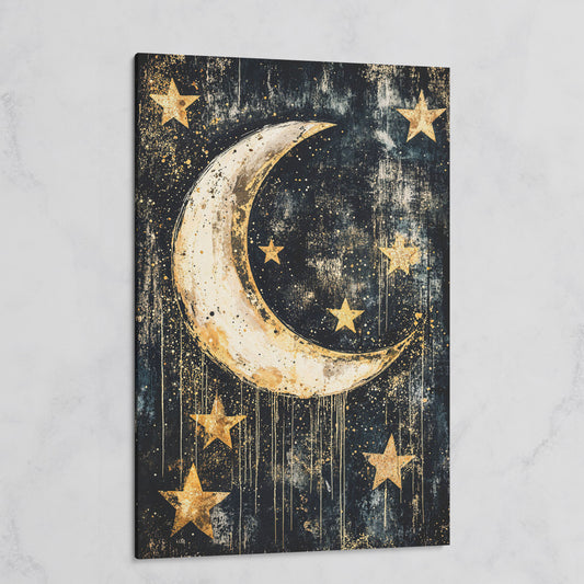 Golden Moon and Stars Canvas on gallery wrap