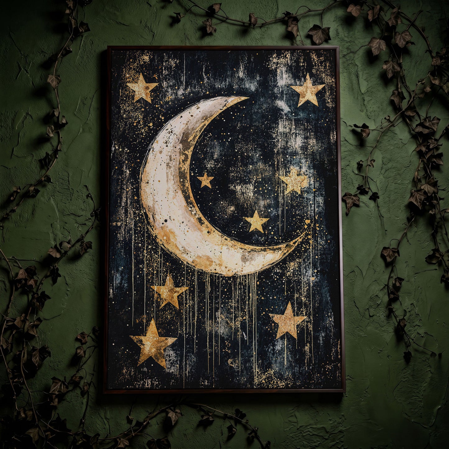 Golden Moon and Stars Canvas in dark walnut floating frame