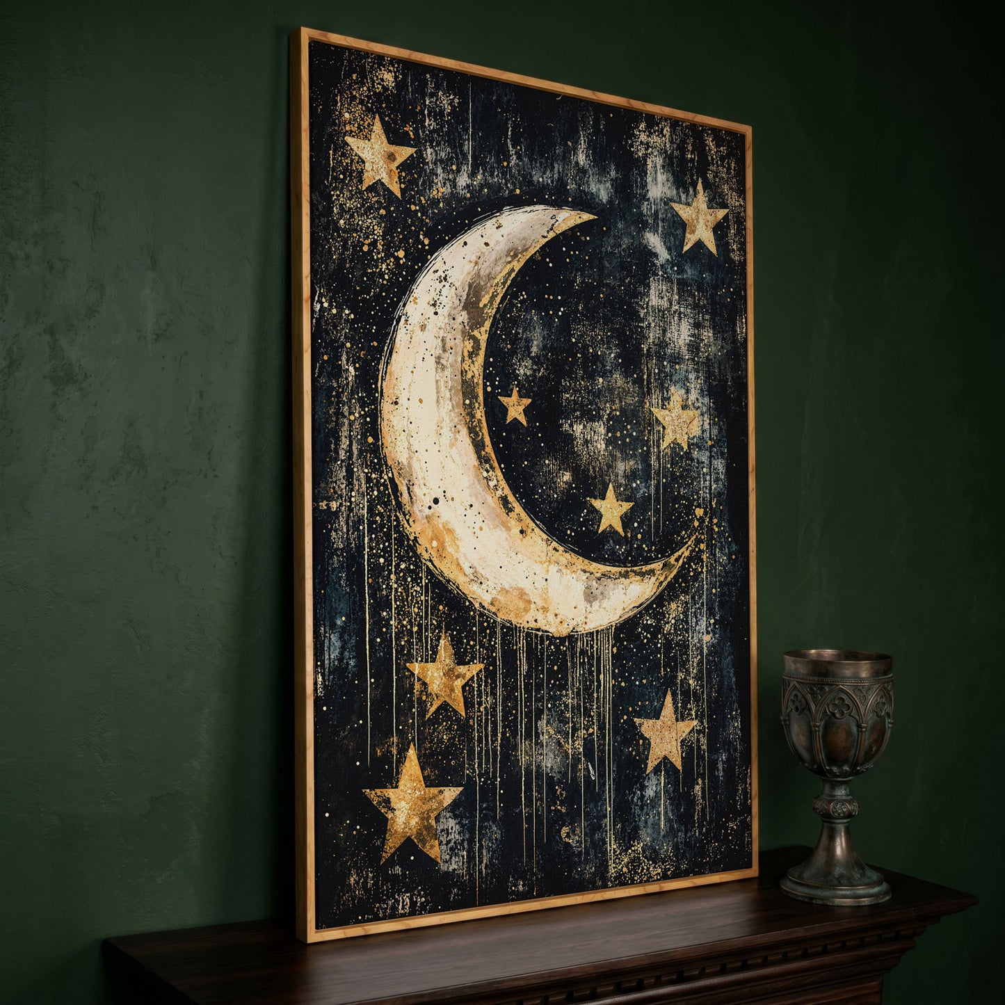 Golden Moon and Stars Canvas in white oak floating frame