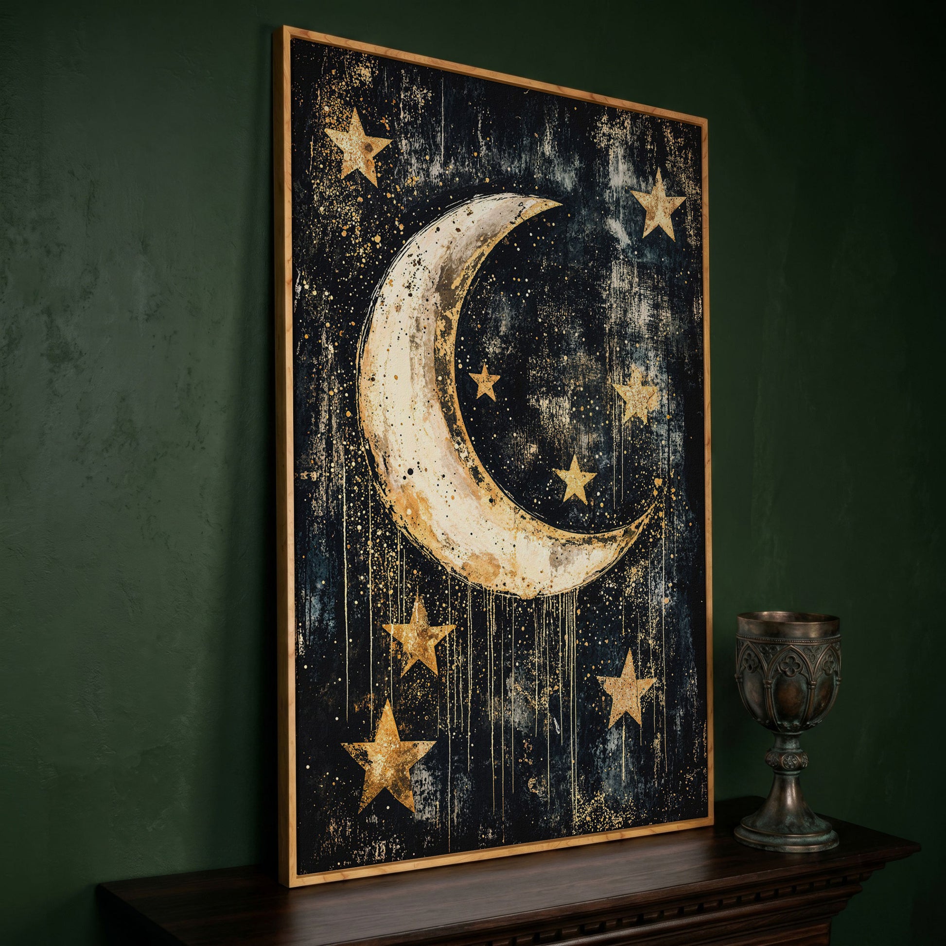 Golden Moon and Stars Canvas in white oak floating frame