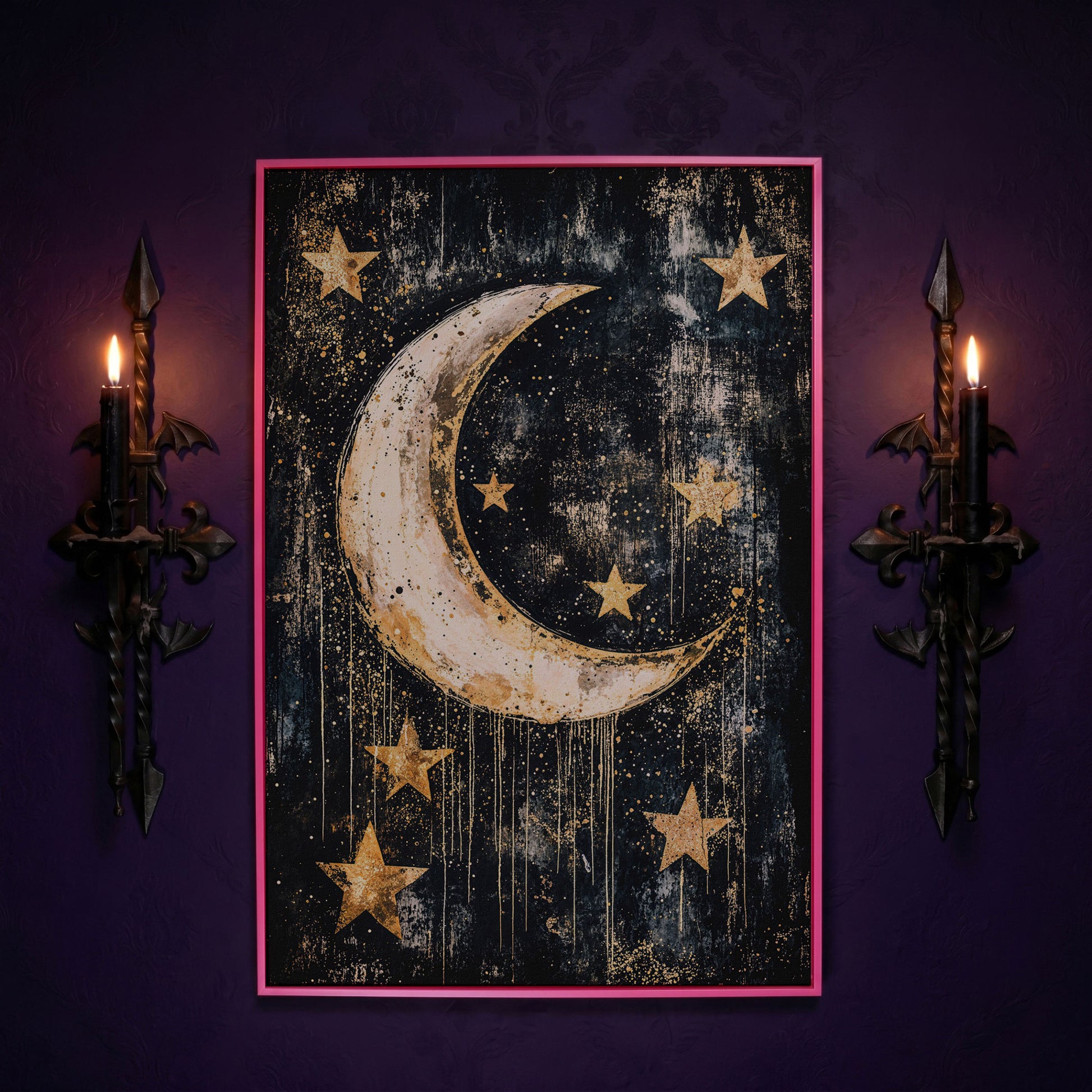 Golden Moon and Stars Canvas in pink floating frame