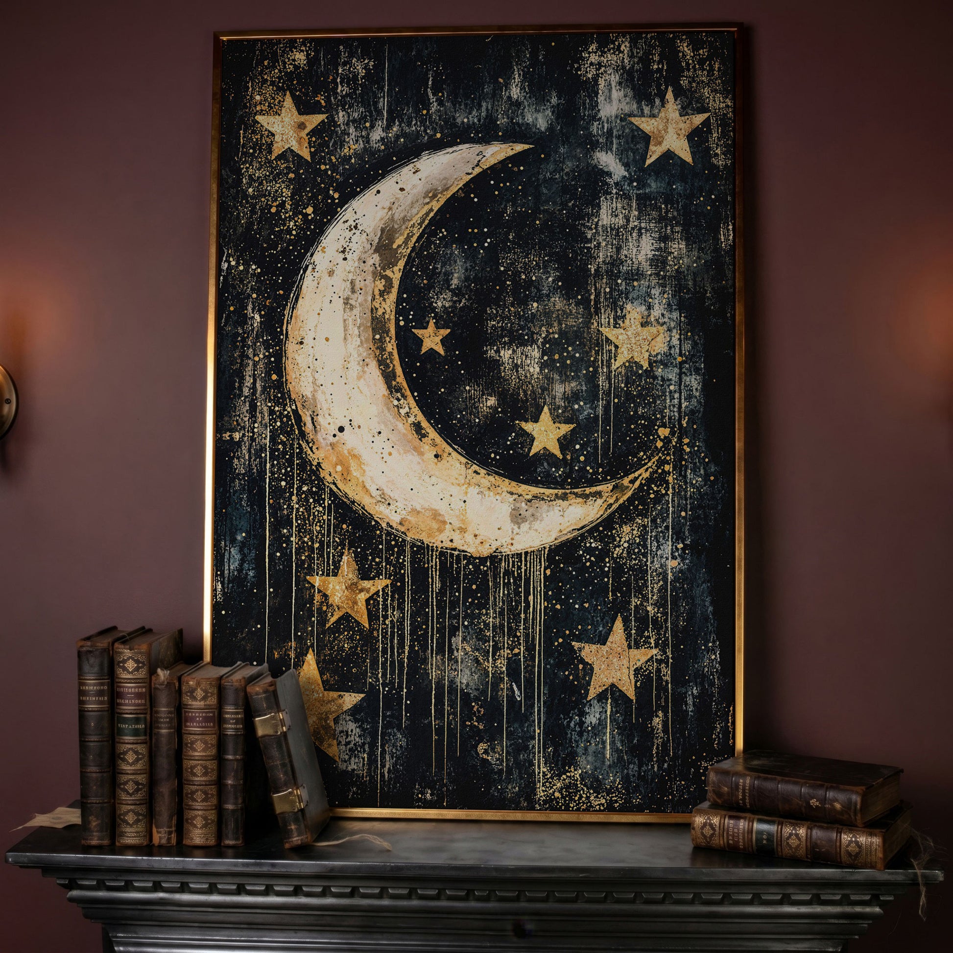 Golden Moon and Stars Canvas in rose gold floating frame