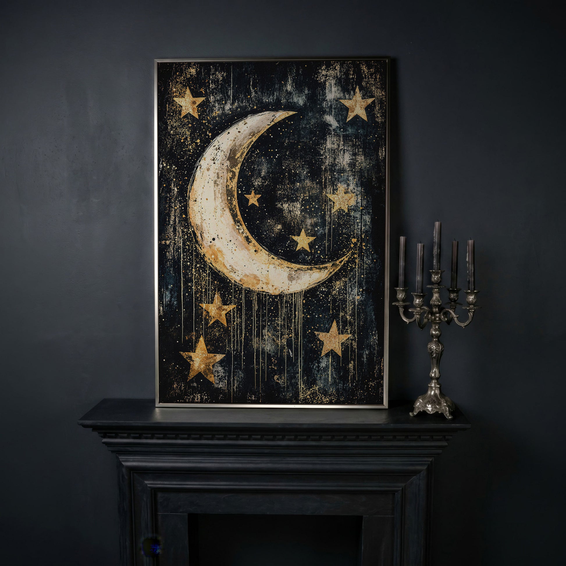 Golden Moon and Stars Canvas in silver floating frame