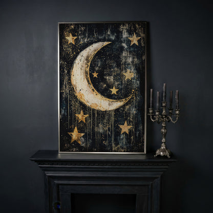 Golden Moon and Stars Canvas in silver floating frame
