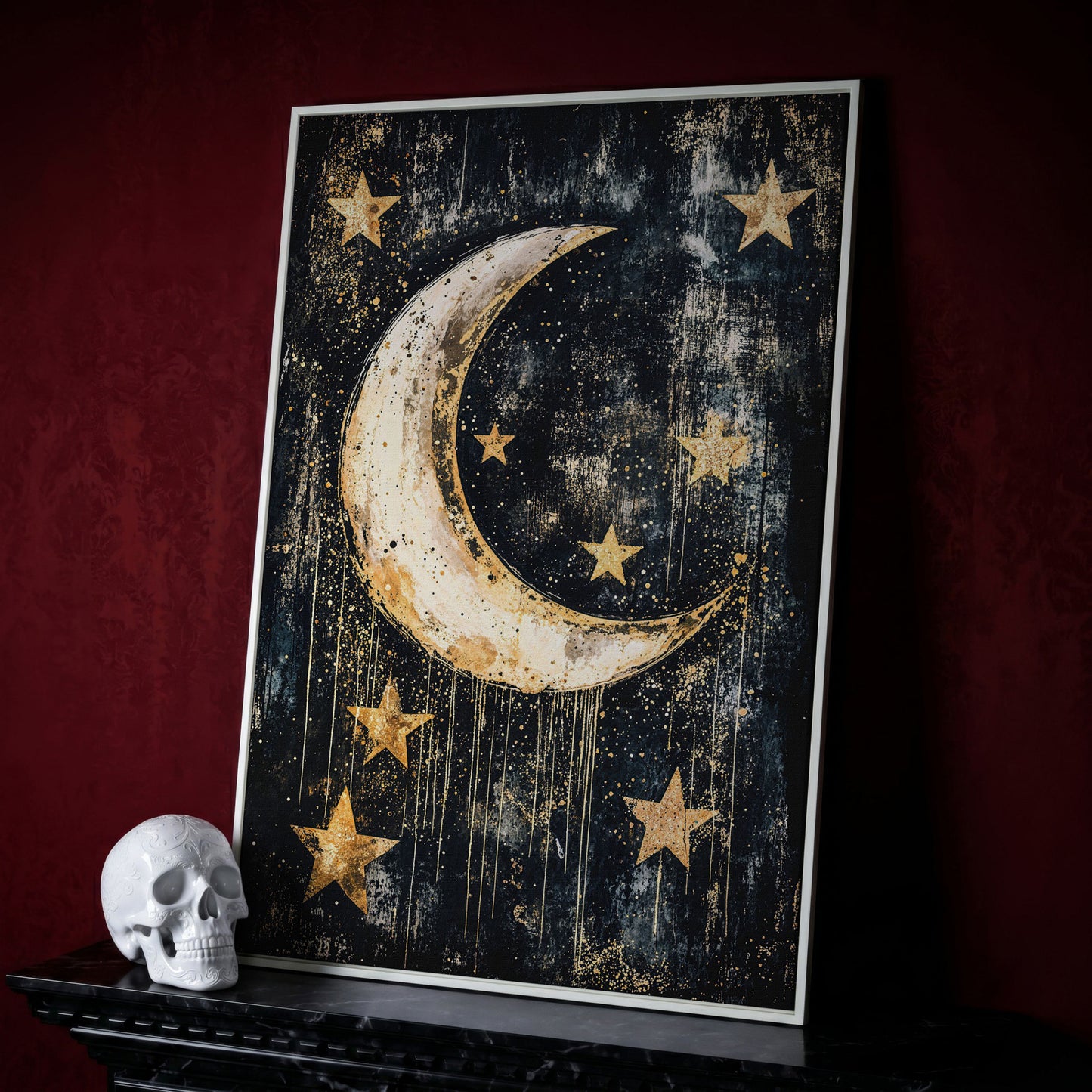 Golden Moon and Stars Canvas in white floating frame