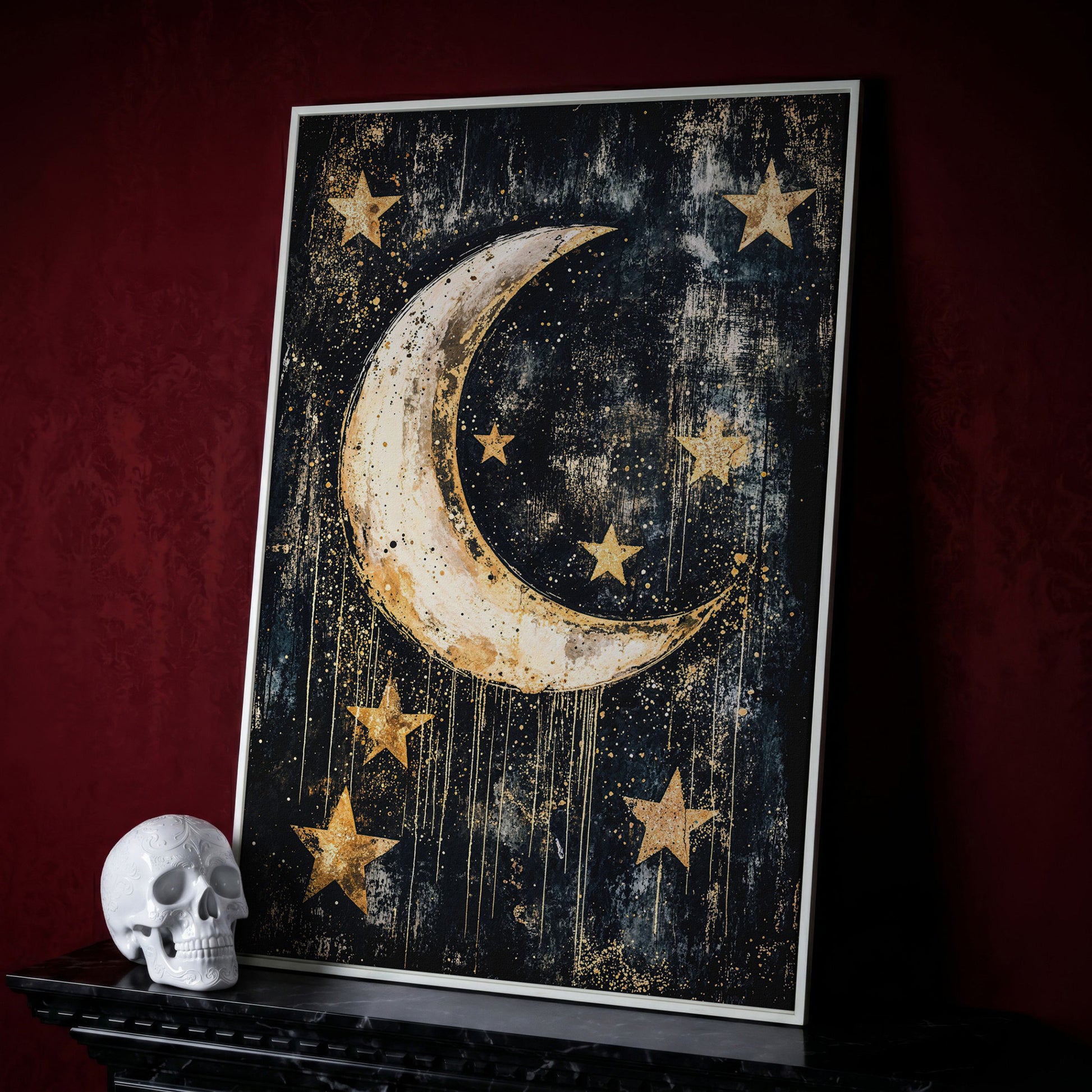 Golden Moon and Stars Canvas in white floating frame