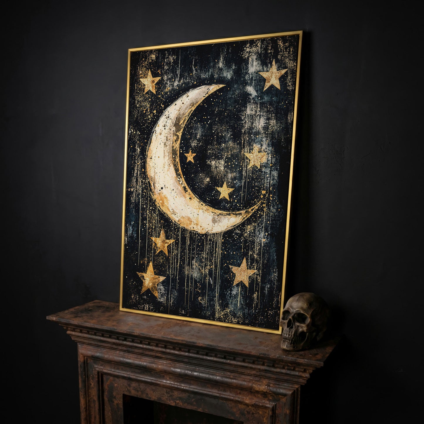 Golden Moon and Stars Canvas in yellow gold floating frame