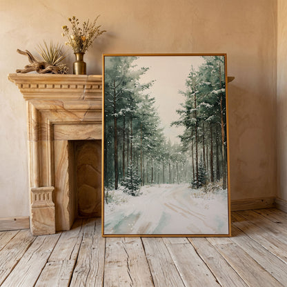 Winter Forest Road Canvas Print with Evergreen Trees in antique gold floating frame