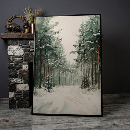 Winter Forest Road Canvas Print with Evergreen Trees in black floating frame