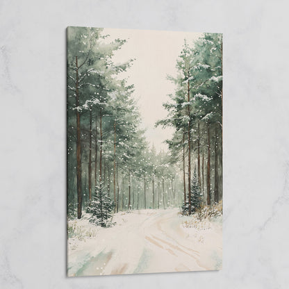 Winter Forest Road Canvas Print with Evergreen Trees on gallery wrap