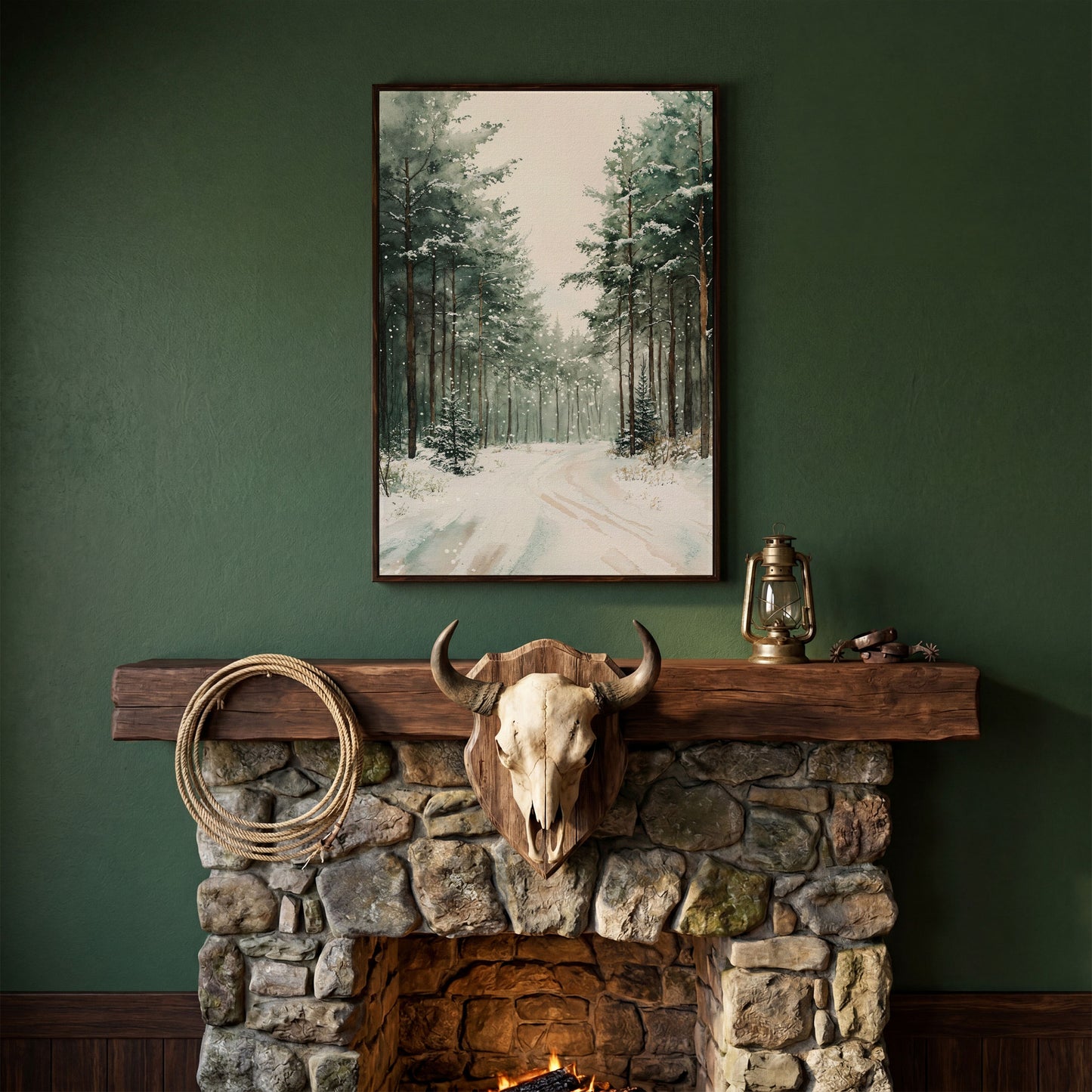 Winter Forest Road Canvas Print with Evergreen Trees in dark walnut floating frame